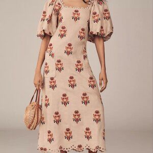 NWOT: Farm Rio Puff-Sleeve Linen Embroidered Macaw Midi Dress - XS